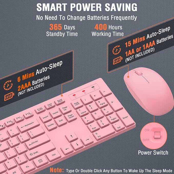 Wireless Keyboard and Mouse Combo, EDJO Silent Full Size Cordless USB Keyboard Mouse, 2.4GHz Lag-Free, Long Battery Life, for Computer, Laptop, PC, Chromebook, Windows (Pink, 1 Pack)