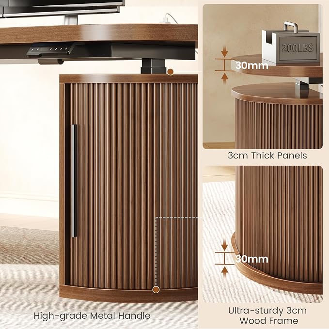 SEDETA 57" Standing Desk with Storage, Electric Height Adjustable Executive Fluted Desk with Curved Cabinets, Computer Desk with Power Strip for Home Office, Brown