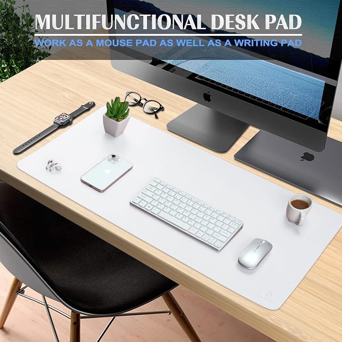 K KNODEL Small Office Desk Mat, Leather Mouse Pad (23.6"x13.8", White) | Desk Pad, Keyboard Pad, Computer and Laptop Mat, Desktop Protector and Cover, Writing Pad and Blotter for Home Office
