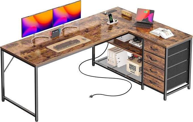 61" L Shaped Desk with Power Outlets & 4 Drawers | Reversible Computer Desk with 2 Storage Shelves, Large Corner Office Desk for Gaming Writing Work Study, Rustic Brown
