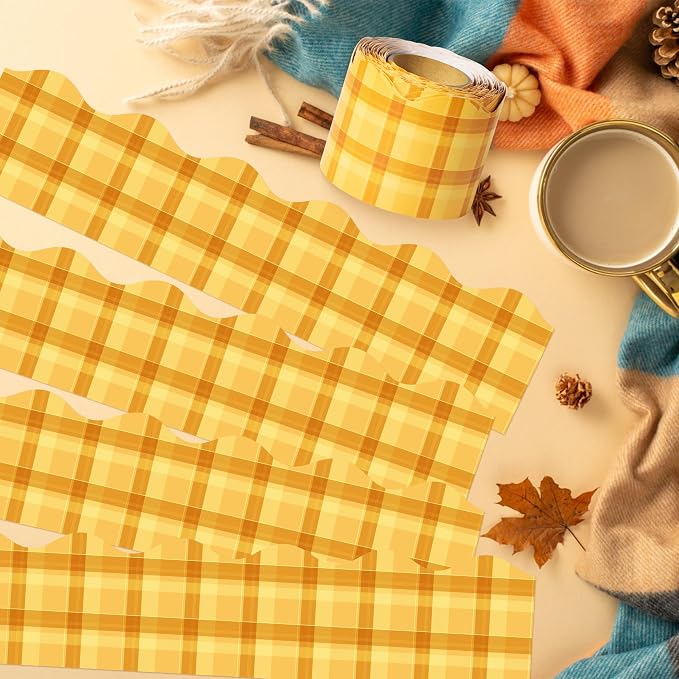 BeYumi Yellow Plaid Border Trim - 65ft Back to School Yellow Scalloped Rolled Border Trim Fall Thanksgiving Plaid Bulletin Board Set Harvest Party Decor Classroom Office Chalkboard Door Decoration