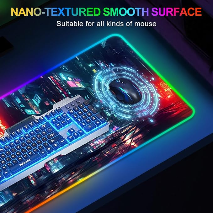 RGB Gaming Mouse Pad Large, Extended Soft Led Mouse Pad with 14 Lighting Modes 2 Brightness, Water Resist Keyboard Pad, Computer Mousepads Mat 35.4x15.7inch, Night City