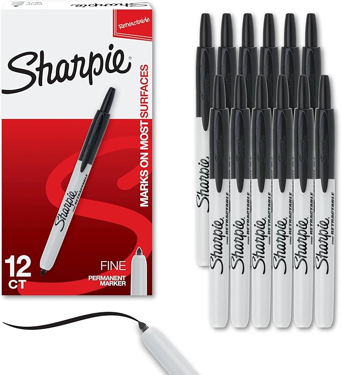 Sharpie Retractable Permanent Markers, Fine Tip, Black, 12 Count - Desk, Classroom, Office Supplies