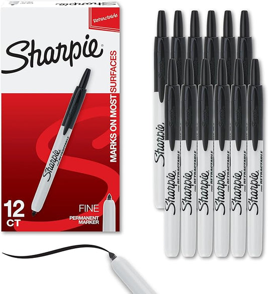Sharpie Retractable Permanent Markers, Fine Tip, Black, 12 Count - Desk, Classroom, Office Supplies