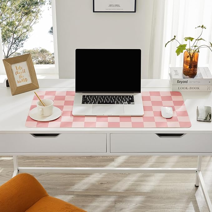 Checkered Desk Mat, 31.5" x 15.7" Large Cute Coral Pink Aesthetic Retro Accessories, PU Leather Computer Laptop Desk Mat, Mouse Keyboard Pad, Desk Writing Makeup Mat for Vanity/Work/Home Decor