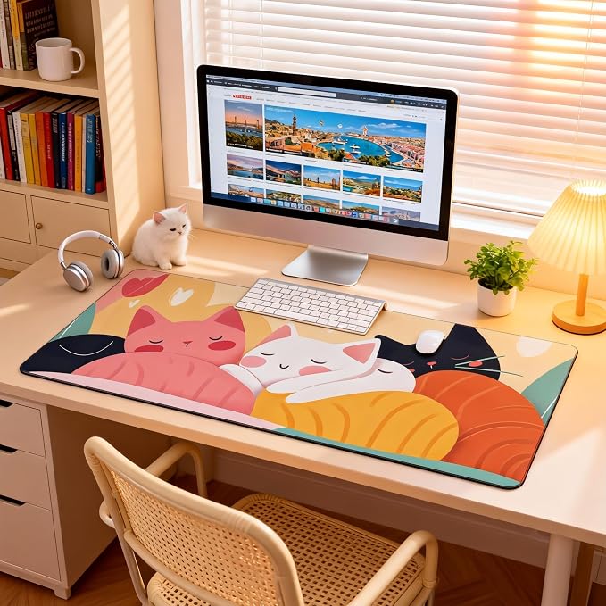 Cute Anime Cats Gaming Mouse Pad, Colorful Pop Art Desk Mat with Anti-Slip Base & Stitched Edges, Office & Home Desk Decor for Women, 35.4" x 15.7" in Computer Desktop Mat
