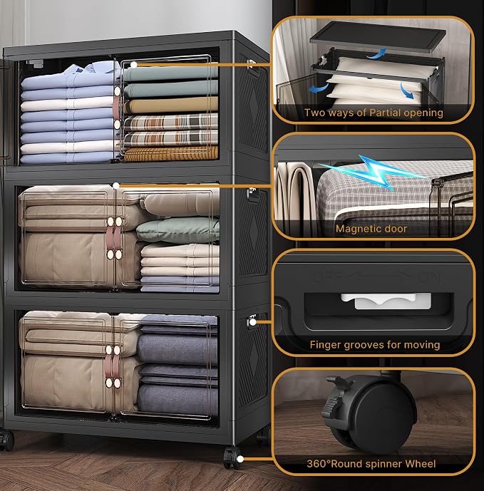 360QT Stackable Storage Bins with Lids,Doors & Wheels | Closet Organizers and Storage Cabinet, Lockable Plastic Foldable Drawers for Bedroom Dorm Office Garage（120QT*3,Black）