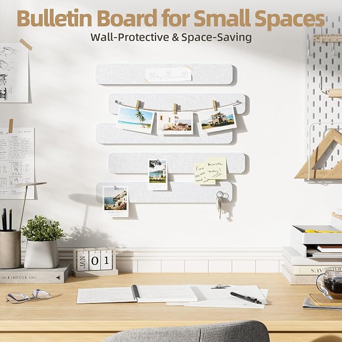 10 Pack 13"x2" Cork Board Strip with Removable Adhesive Squares & Push Pins | Pin Board Alternative Felt Strip Bulletin Board, Felt Board for Photo & Note Display, Home Office Decor - White