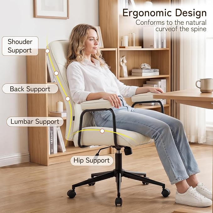Leather Office Chair, Comfy Home Office Desk Chair, Mid Century Modern Office Chair with Lumbar Support, Mid-Back Adjustable Swivel Computer Chair with Wheels and Arms, Cream White