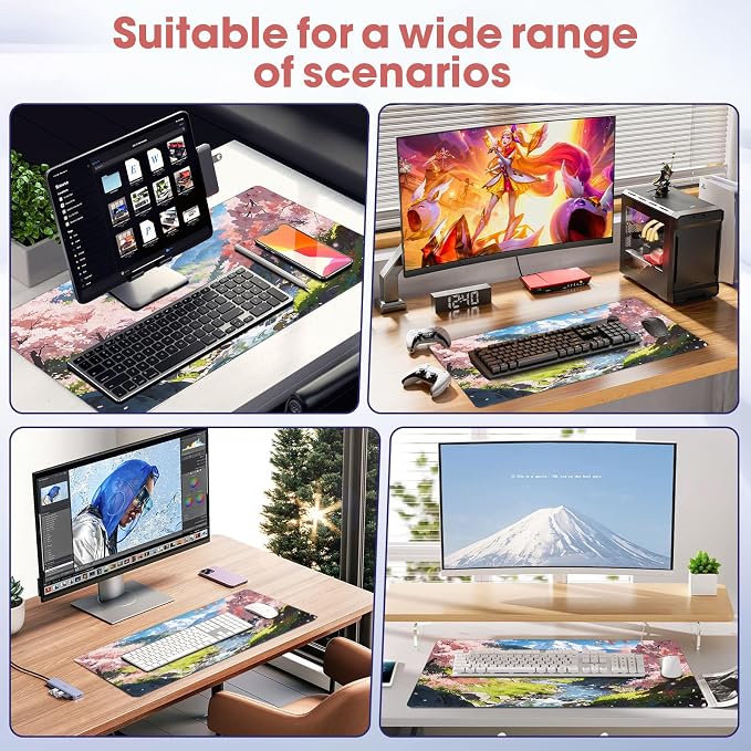 Cherry Blossom Anime Large Gaming Mouse Pad Waterproof Desk Mat | 31.5x15.7 Inch Non-Slip Rubber Base Stitched Edges