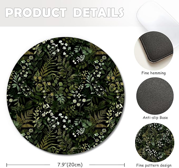 Dark Green Plant Mouse Pad, Cottagecore Vegetation Fern Leaves Botanical Mousepad Mouse Mat with Non-Slip Rubber Base for Home Office Desk Accessories, Green Office Supplies, 7.9x7.9 Inch