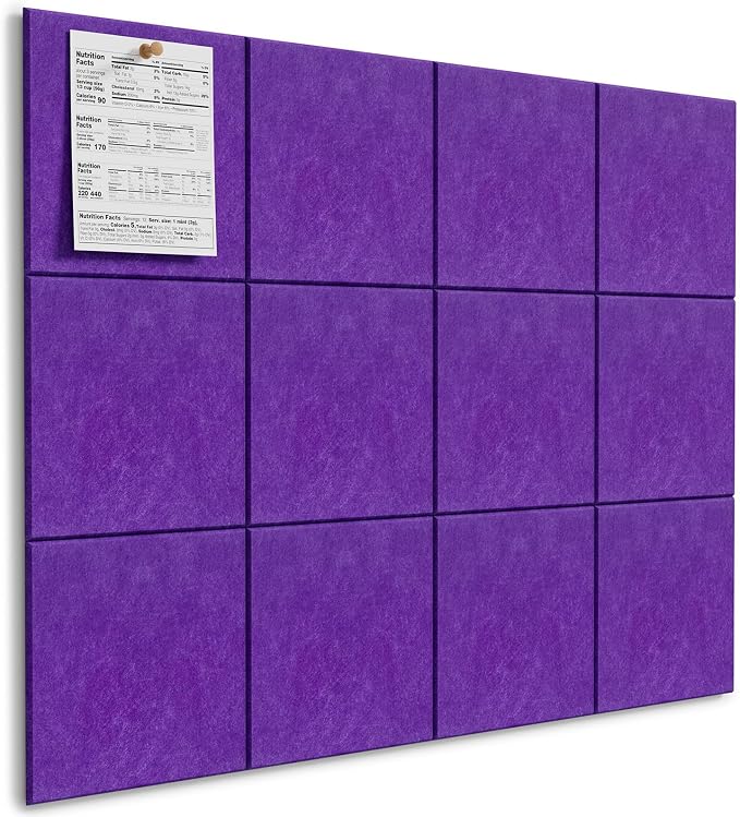 MaxGear Felt Bulletin Board 48" x 36", Violet Felt Wall Tiles Wall Decor | Modern Cork Board For Office Alternative, 12 Pack 11.8" x 11.8" Wall Panels With Push Pins, Vision Board Office & Home Decor