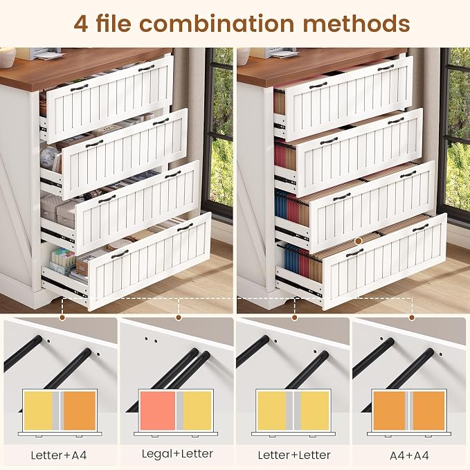 SEDETA Farmhouse 4 Drawer File Cabinet, Filing Cabinet for Home Office, Wood Office File Cabinets for Letter/Legal/A4 Size, File Cabinet Organizer for Study Room & Living Room, White and Brown