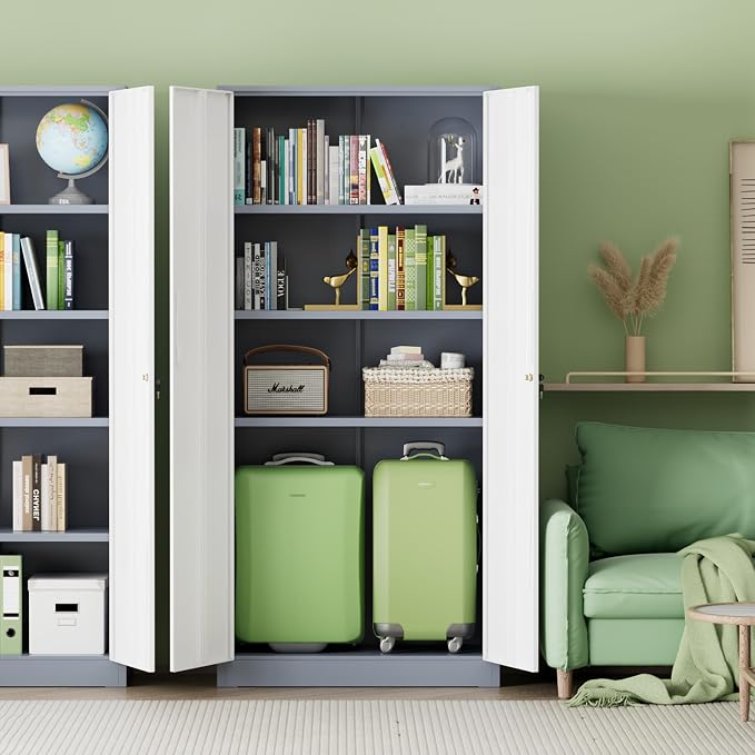 Metal Storage Cabinet, 72" H Lockable Steel Cabinets with Locking Doors, Storage Locker with Adjustable Shelves for Office, Home, Garage, Gym, School (White Grey)