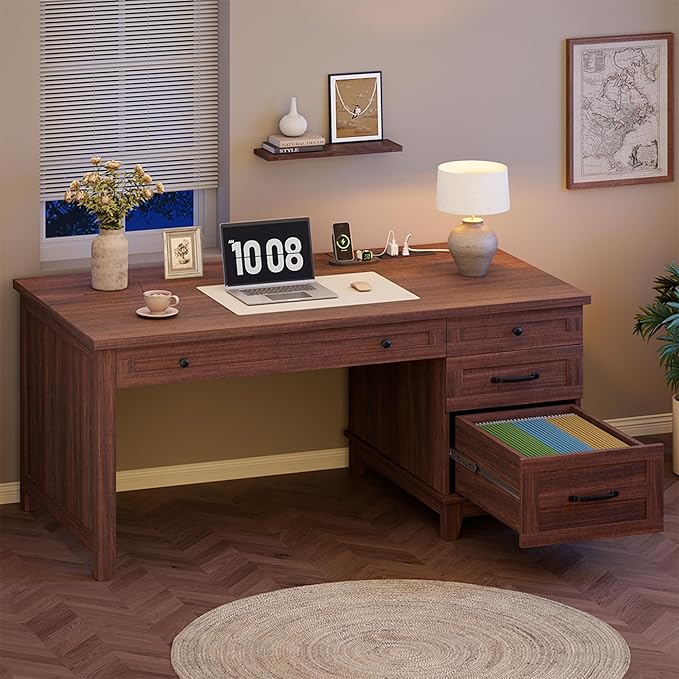 Garvee 53.5" Wooden Home Office Desk with File Drawers, Executive Desk with Power Outlet, Farmhouse Wood Desk with Storage, Distressed Study and Work Table, Rustic Brown