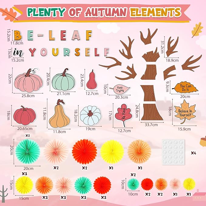 81 Pcs Fall Tree Bulletin Board Decorations Be Leaf in Yourself Classroom Tree Bulletin Board Motivational Boho Pumpkin Cutouts 3D Paper Fans Crafts Thanksgiving Fall Harvest Wall Decor