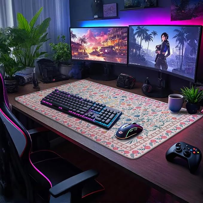 Pink Floral Large Gaming Mouse Pad Desk Mat 31.5"x15.7" | Extended Mousepad, Non-Slip Rubber Base , Stitched Edges, for Computer/Laptop/Office/Home