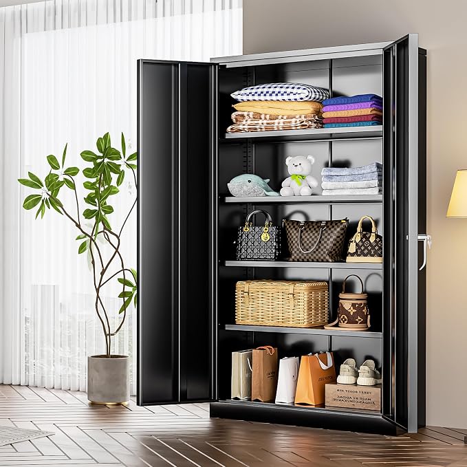 Metal Storage Cabinet, 72” H Storage Cabinet with Doors and Adjustable Shelves for Office, Home, Garage, Pantry (Assembly Required, Black)