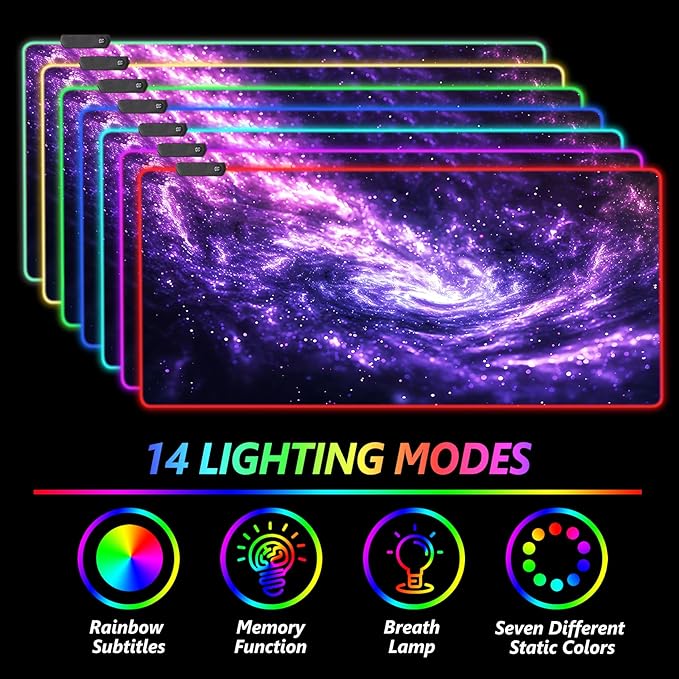 AIMSA RGB Mouse Pad LED Gaming Mouse Pad with 14 Lights Modes, Non-Slip Rubber Base Computer Carpet Desk Mat for PC Laptop (35.4 x 15.8 inch) Purple Blue Nebula