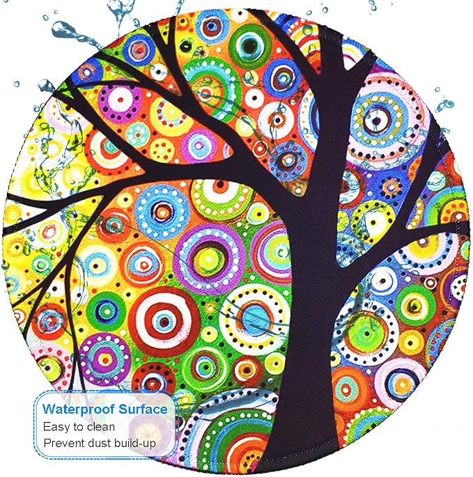 BOSOBO Mouse Mat, Round Mouse Pad with Tree of Life Design, Non-Slip Rubber with Stitched Edges, Cute Office Pad for Girls & Women, 7.9 x 7.9 Inch