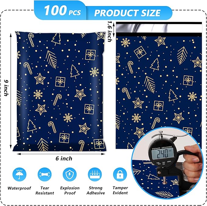 Christmas Poly Mailer 6x9 Inch 100 Pcs, Waterproof and Tear-Resistant Shipping Bags for Clothing, Strong Mailing Bags with Self-Seal, Cute Packaging Bags for Small Business - Starrysky