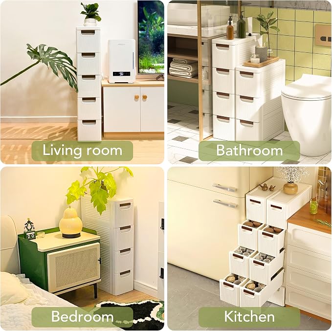 5 Drawers Narrow Bathroom Storage Cabinet, Slim Storage Cabinet, Plastic Slim Storage Cart Drawers for Small Spaces, Laundry, Office, Home, White
