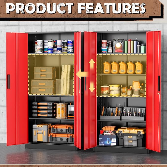 INTERGRAET Metal Storage Cabinet with Adjustable Shelves, Garage Storage Cabinets with Doors and Shelves, File Cabinets for Home Office, Kitchen Pantry Cabinet, 72''H, Black Red