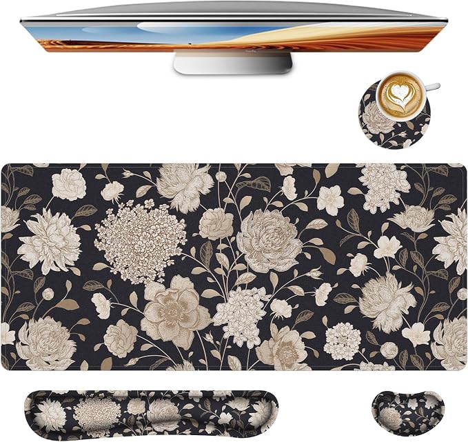 Floral Large Mouse Pad with Wrist Support Set of 4,Large Gaming Mouse Pad+Keyboard Rest+Mouse Wrist Rest+Coaster,Ergonomic Mouse mat,Anti-Slip,Memory Foam Desk Mat for Home Office Gaming (Rose)
