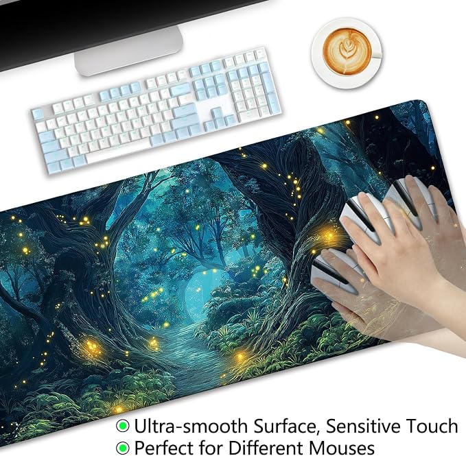 LIMKRIAN Firefly Forest Mouse Pad Large Desk Mat, Extra Large Gaming Computer Mousepad with Stitched Edges Non-Slip, Keyboard Mouse Pad for Desktop Cute Aesthetics Home Office Desk Accessories 31.5in