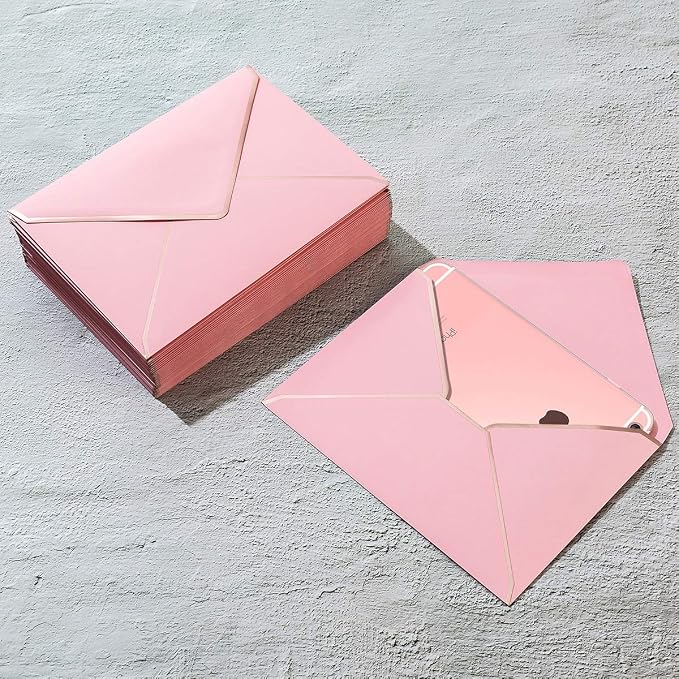 50 Pack A7 Envelopes Pink 5 x 7 with Gold Border | Self-Adhesive, V Flap, For Wedding, Graduation, Baby Shower, Parties, Invitations