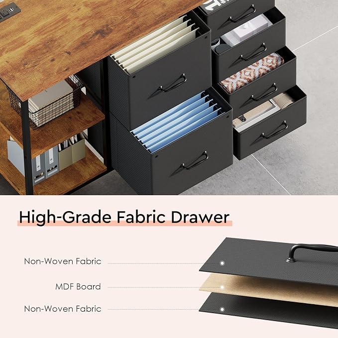 6 Drawer File Cabinet with Charging Station and Open Storage Shelf | Rustic Brown, Rolling Printer Stand Fabric Lateral Filing Cabinet for Home Office