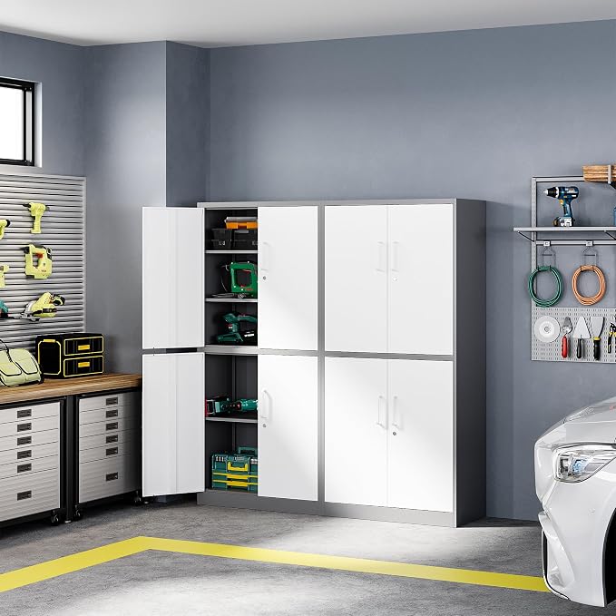 Metal Storage Cabinet with Lock Door, Adjustable Shelf Steel Cabinets for Office, Home,Pantry,Kitchen,Garage Utility Cabinet (4 Door-White&Gray)