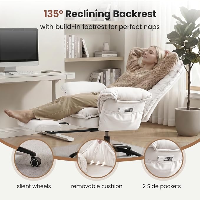 Criss Cross Office Chair with Flip Arms & Footrest, Comfy Desk Chair,Beige | Cross Legged Office Chair, Wide Seat Reclining Desk Chair with Wheels, Vanity Chair with Pocket Spring Seat and Side Pockets