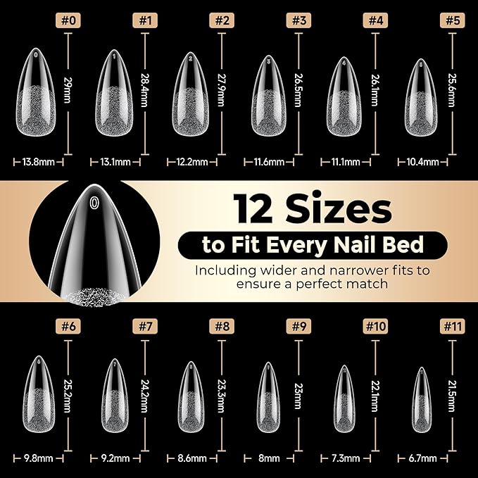 Long Almond Nail Tips: 504pcs Full Cover Soft Gel Nail Tips, 12 Sizes Pre-Etched Half Matte Almond Press on Nails No C Curve For Nail Extensions Home Salon
