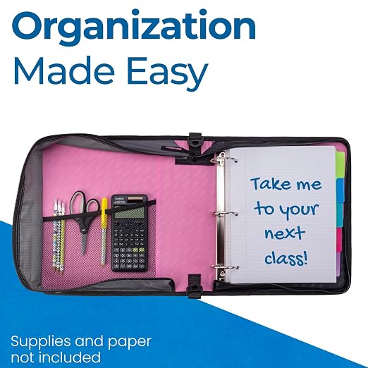 Case-it School Zipper Binder | 2" O-Rings | 400-Sheet | LT-007 Light Pink | Universal, 13-Inch Laptop/Tablet Padded Pocket, Multiple Storage Pockets, Shoulder Strap, School & Office Organizer