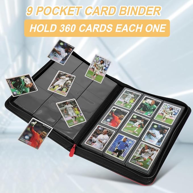 360 Cards Ringless 9-Pocket Side Loading Trading Card Binder, PU Zipper Fixed Page Card Album for TCG Sports Cards, Not Fit Top Loaders (RED)