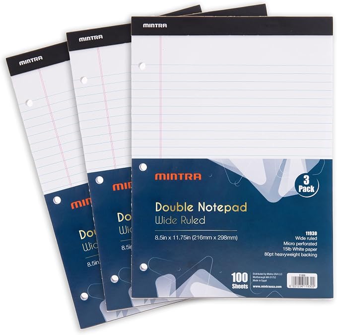 Mintra Office White Legal Pads – Ruled Notepads and Micro-Perforated Sheets, Ideal for Writing, Note-Taking & Creativity, Office, or Professional Use, Double Pad 3 pack, 8.5"x11" (Wide Ruled)