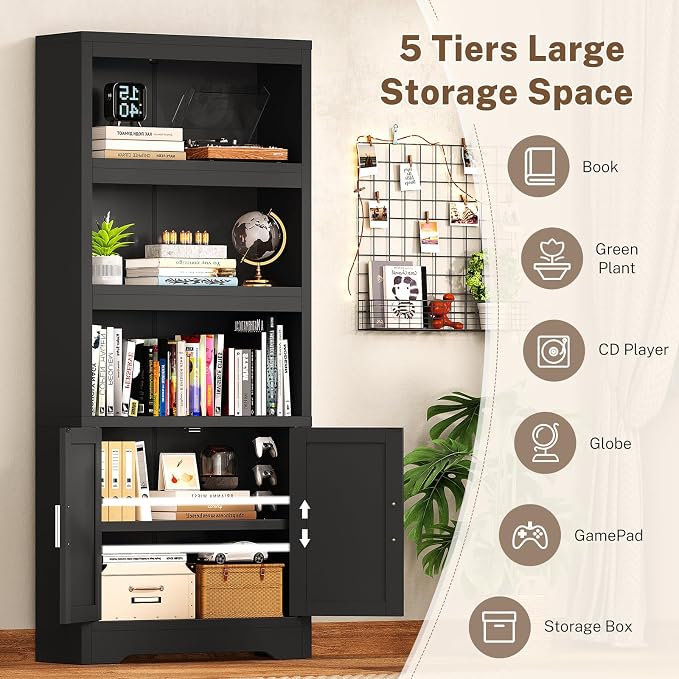 Book Shelf and Bookcase with Doors, 5-Tier Display Storage Cabinet with Adjustable Shelves, Open Compartments, Remote Control LED Lights, Tall cabinet for Bathroom Kitchen Living Room, Home Office