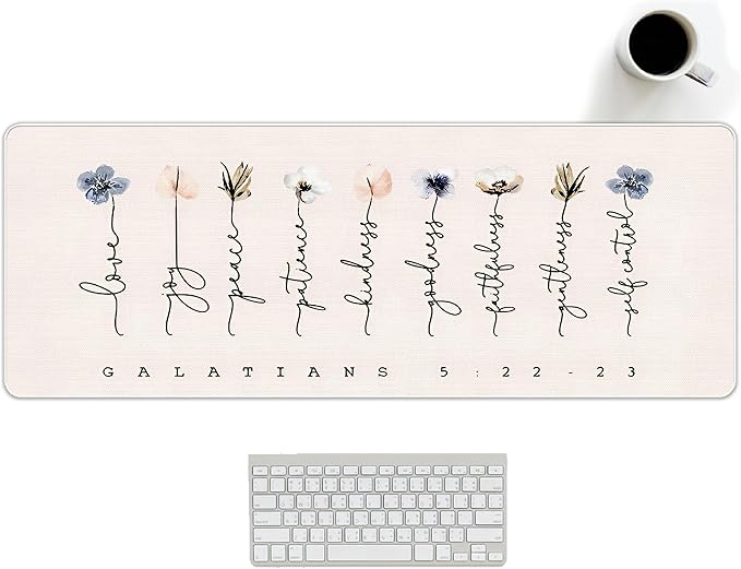 Christian Desk Mat Bible Verses Mouse Pad Flroal 31.5x11.8 | Gakatians 5:22, Bible Christian Desk Accessories, Light Pink Computer Mat for Office, Church Religious Gifts for Women
