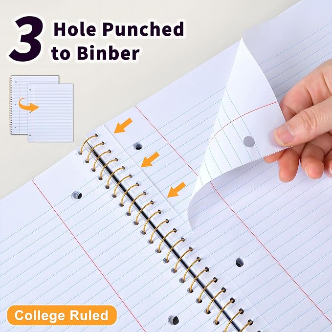 Spiral Notebook College Ruled Paper 8" x 10-1/2", 1 Subject Spiral Notebook, 3-Hole Punched Perforated Pages Ideal for School, Office, Writing, 95 Sheets Lined Journaling Notebook, Black