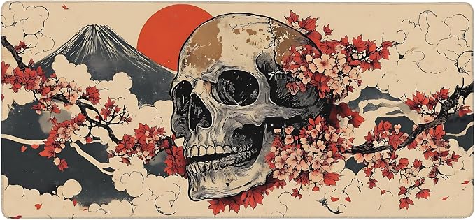 Aesthetic Skull Gaming Mouse Pad, Beige Red Japanese Desk Mat with Anti-Slip Base & Stitched Edges, Office Supplies & Desk Decor for Women, 35.4" x 15.7" in Home Office Essentials