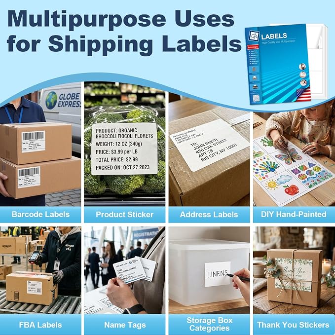 4" x 3.33" White Printable Shipping Labels (100 Sheets, 600 Stickers), Adhesive Address Labels for Laser/Inkjet Printer, Barcode, Mailing, Product, Shipping Boxes, Packaging Labels