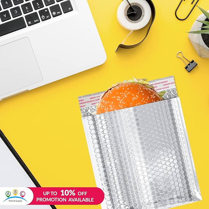 ABC PACK & SUPPLY Thermal Bubble Mailer, 6.5 x 10.5 Inch Metallic Foil Insulated Envelopes, 100 Pack Self Seal Waterproof Shipping Mailers