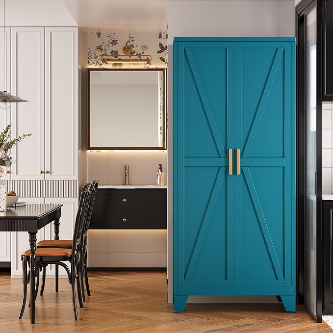 QINPTWUT 71" Metal Storage Cabinet with Doors and Shelves, Tall Pantry Cabinet in Blue with 2 Doors & 4 Adjustable Shelves, All-Steel Farmhouse Cupboard for Kitchen, Living Room,Home Office,Garage