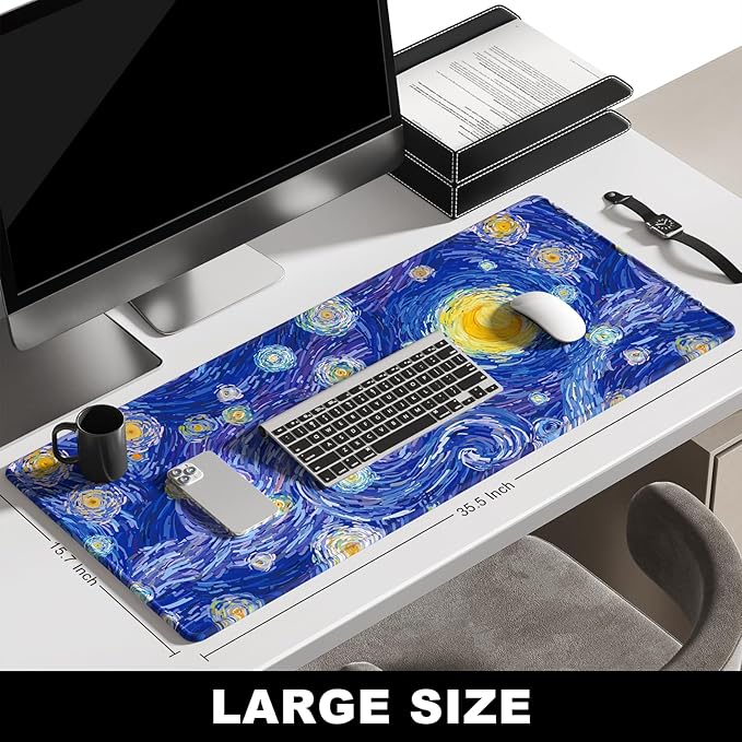 BOSOBO Large Mouse Pad, Desk Pad, XXL XL Extended Gaming Mouse Pad, Desk Mat for Office & Home, Long Keyboard Mat, Huge Mouse Pad, Desktop Full Cover 35.5 x 15.7 Inches, Van Gogh Starry Night