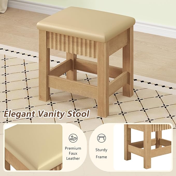 32 Inch Small Fluted Computer Desk with 2 Drawers & Stool for Bedroom | Small Wooden Computer Desk with Storage, Compact Writing Study Vanity Desk with Stool for Small Spaces, Oak
