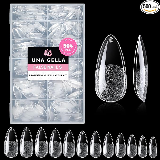 UNA GELLA Almond Gel Nail Tips 504PCS Pre-Etched Clear Fake Nails Tips | Medium Almond Shape 12 Sizes Full Cover Soft Acrylic Press On Nail Extensions No C Curve Gift for Diy at Home