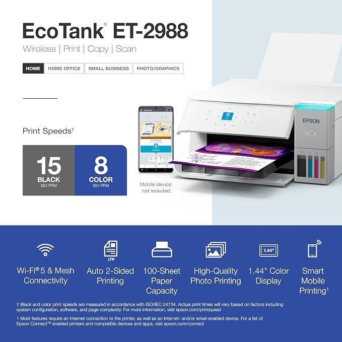 Epson EcoTank ET-2988 Wireless All-in-One Color Supertank Printer with up to 3 Years of Ink, Refillable Tanks, Perfect for Home, 15 PPM, 1.44" Color Screen, Auto 2-Sided Printing (Renewed)