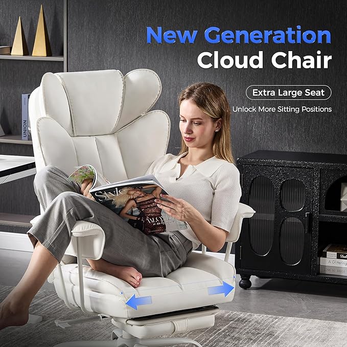 LukkDys Big and Tall Office Chair,High Back Leather Gaming Chair with Footrest,Lumbar Support,Outward Fixed Soft Armrests,Wide Ergonomic Desk Chair (White)
