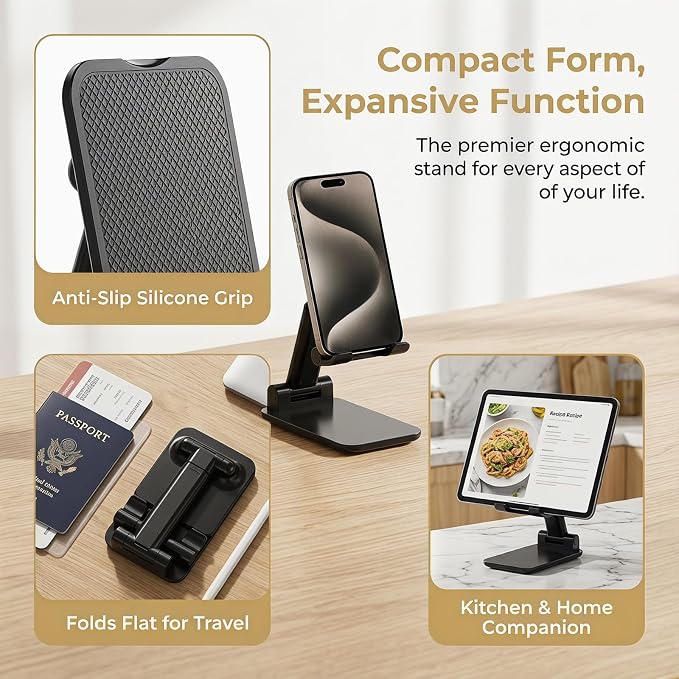 Phone Stand for Desk Cell Phone Holder Stands for iPhones, Black | Mini, Cute, Portable, Fully Foldable, Under 8" Devices, All Smart phones, Office Accessories